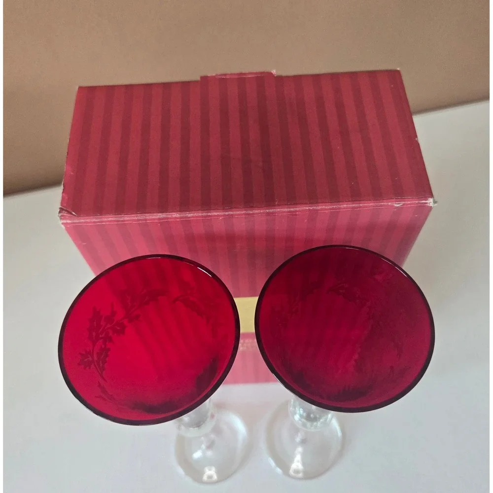 Lenox Holiday Gems Ruby Toasting Flutes Set of 2‎ Red Crystal Boxed 1998